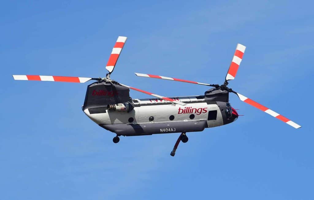 Chinook helicopter during aerial fire fighting mission